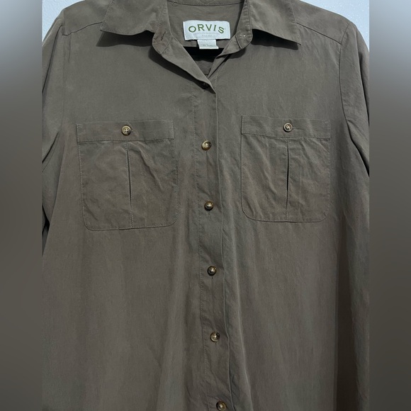 Women’s Orvis 100% Silk Button Up Blouse Size Medium Brown Mushroom - Picture 6 of 7